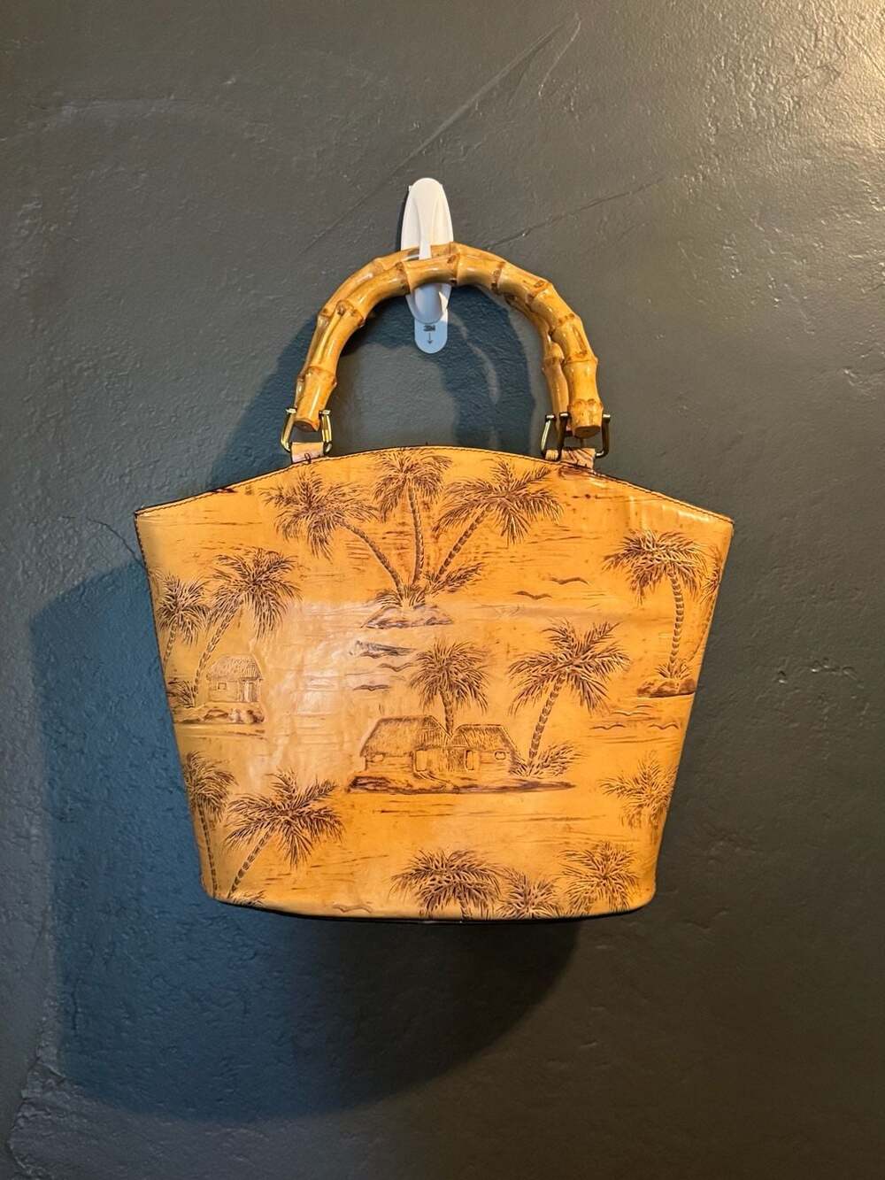 Sunset Cove Handbag Palm Trees Huts Bamboo Handles Tropical Beach Purse